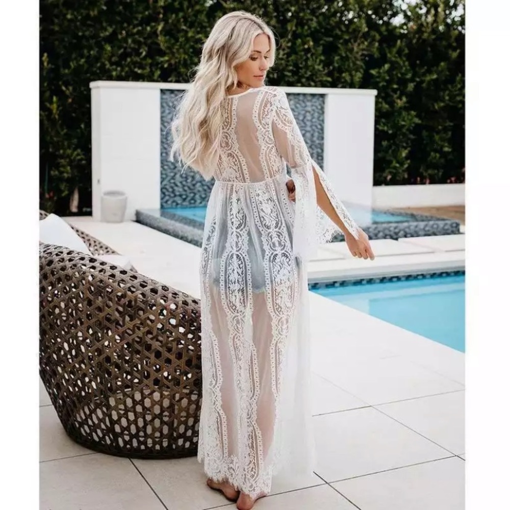 White Eyelash Lace Bohemian Long Kimono Duster Wrap Coverup - Picture 2 of 2